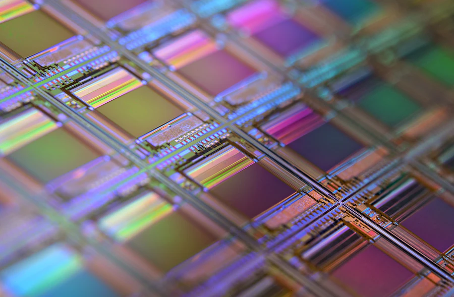Macro photograph of silicon wafer showing individual chip dies