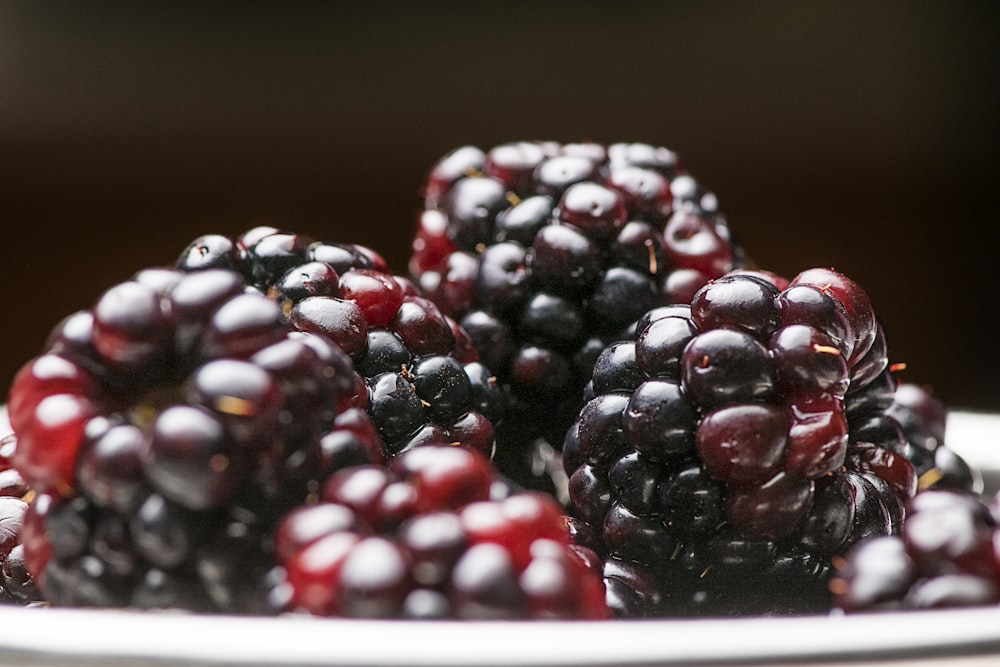 red and black berries on white ceramic plate