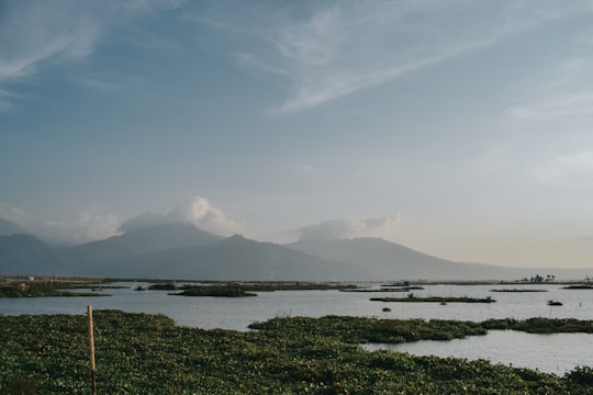 green grass field near body of water under white clouds during daytime in Rawa Pening Indonesia