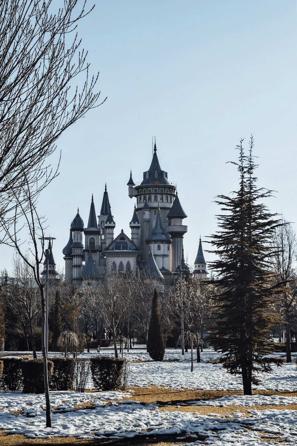 Bâtiment en béton blanc et bleu près d’arbres dénudés pendant la journée