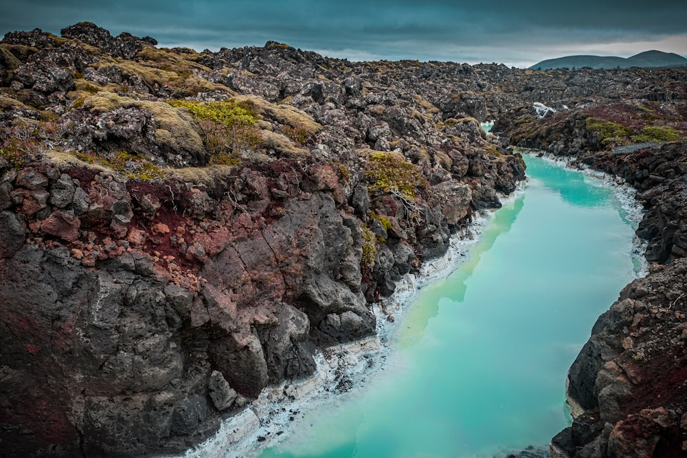 formação rochosa marrom e verde ao lado do corpo de água durante o dia