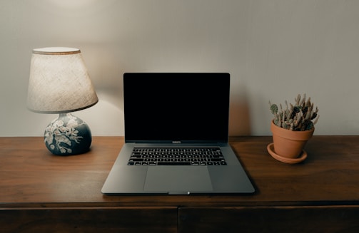 A laptop with a blank screen sits on a wooden desk, flanked by a ceramic lamp with a fabric shade on the left and a potted cactus on the right. The background is a simple, light-colored wall.