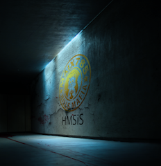 A dimly lit, shadowy corridor with a cracked wall featuring a large emblem with the text 'MAFIA 785' and a lion's head inside a circle. Below the emblem, the letters 'HMSiS' are visible. The floor has dark stains, possibly resembling marks or splatters, adding to the ominous atmosphere.