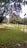 A lush green area with a fenced sports field, surrounded by tall trees. A climbing wall stands adjacent to the field, and a small muddy path leads towards it. The sky is partly cloudy, creating a serene and peaceful atmosphere.