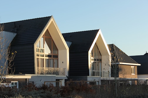 Modern houses with steep triangular roofs, large windows, and a minimalist design. The buildings are illuminated by sunlight, creating a serene and calm atmosphere. Bare trees and shrubs are visible in the foreground.