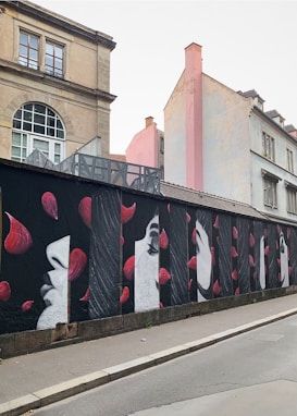 A series of artistic murals painted on a wall, featuring stylized profiles of faces in monochrome, interspersed with vibrant red petals. The wall is set along a street with older buildings in the background, showcasing a blend of architectural and artistic elements.