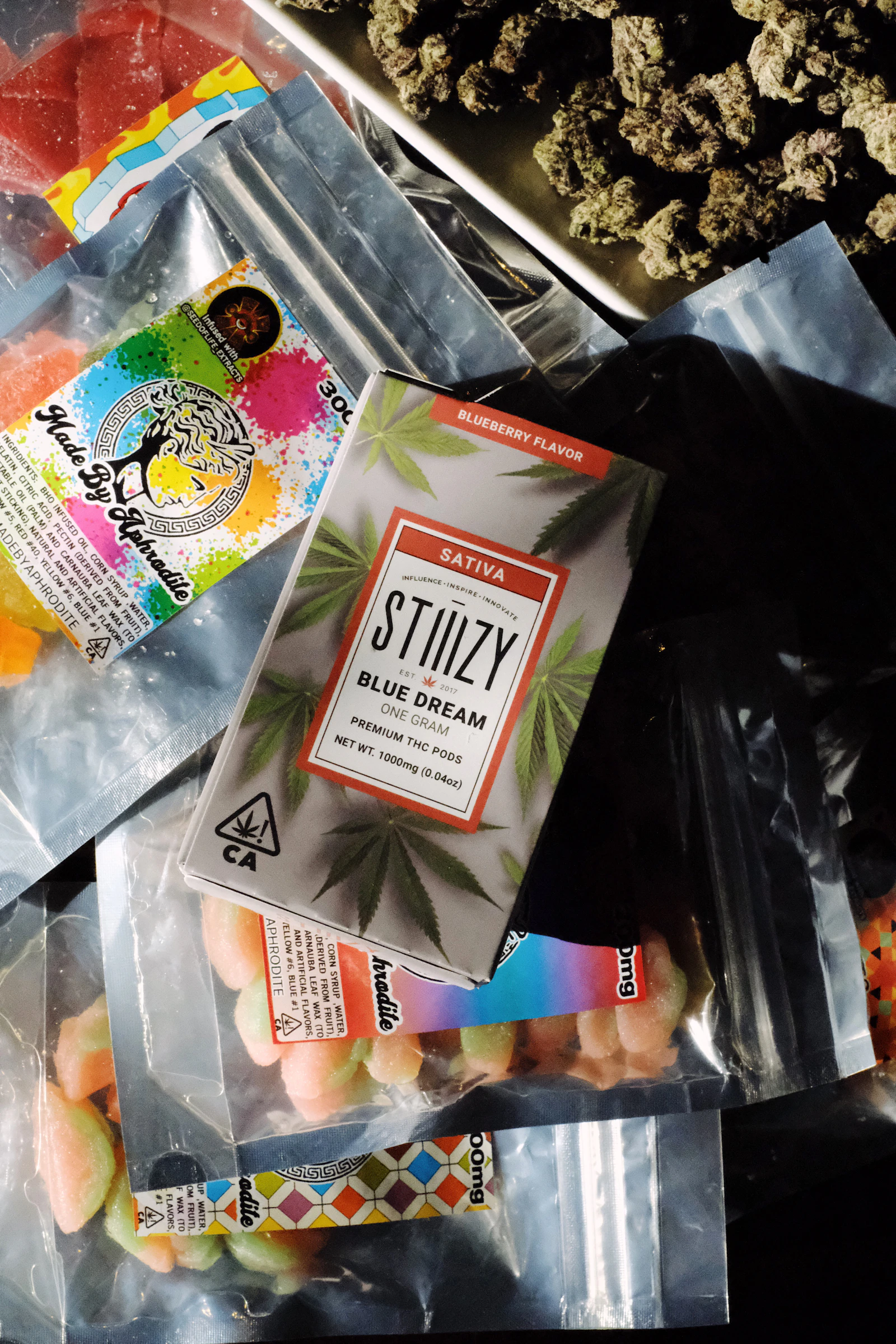 Assorted labeled cannabis edible packages available to buy online for delivery in Brentwood, CA