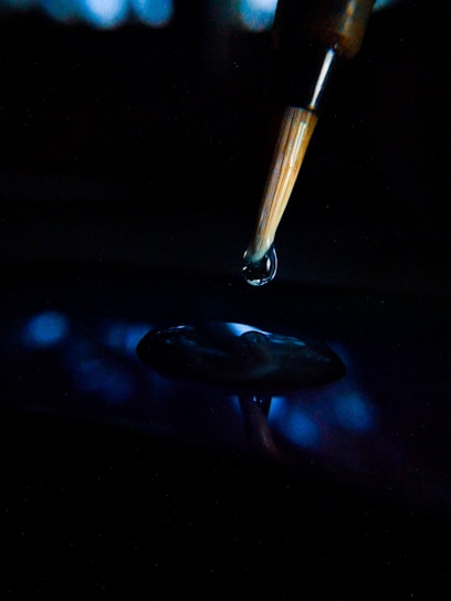 A paintbrush with fine bristles is poised over a surface, releasing a droplet of liquid. The background is dark, creating a dramatic contrast with the illuminated droplet and brush. Reflections can be seen on the surface below.