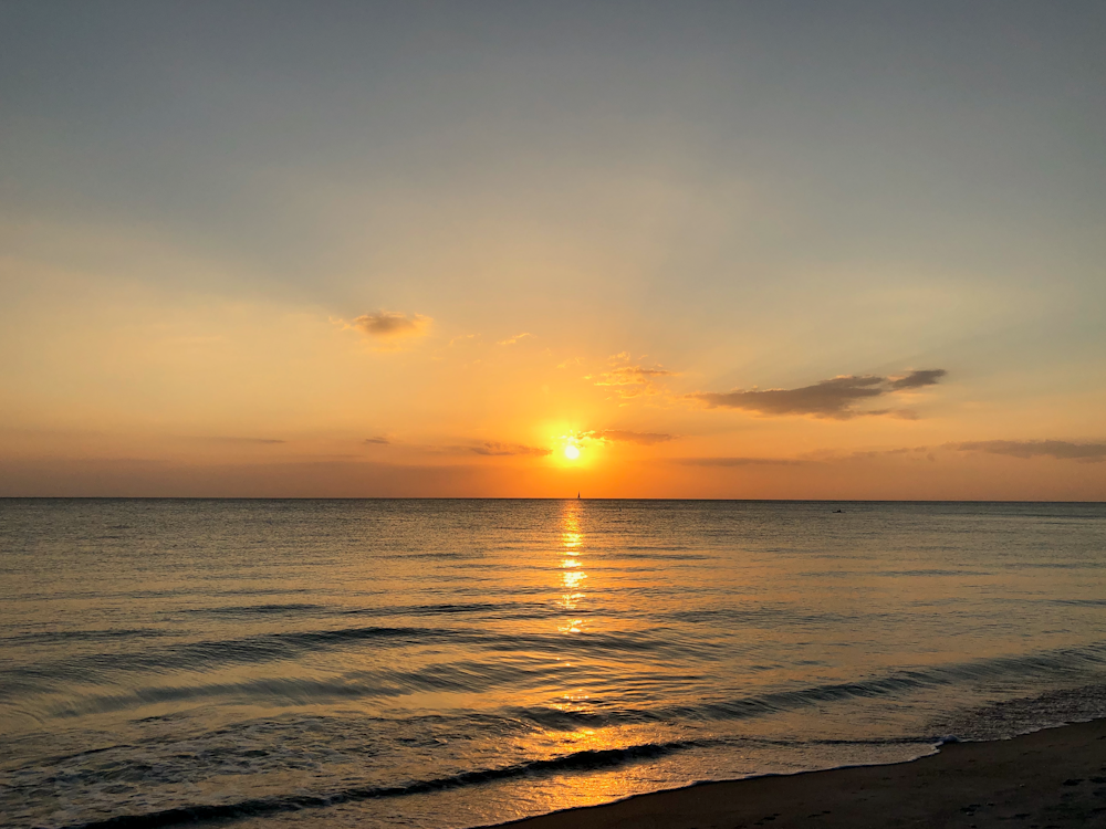 body of water during sunset