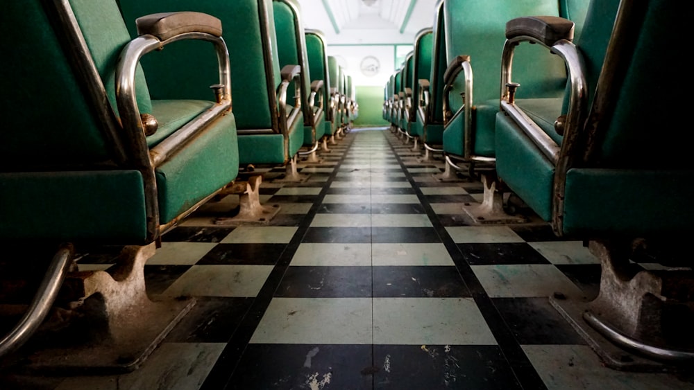 green and white train seats