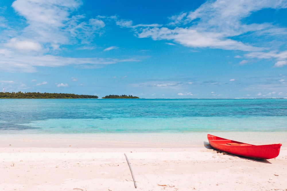 red kayak on beach shore during daytime