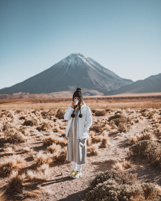 woman in white long sleeve dress standing on brown grass field during daytime in Atacama Desert Chile