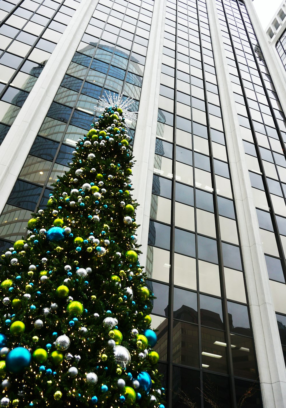 green christmas tree with blue baubles