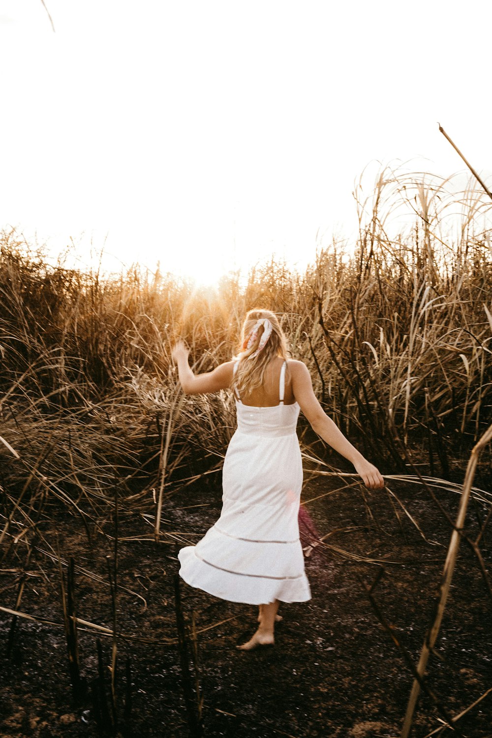 昼間、茶色の芝生の上に立つ白いドレスを着た女性