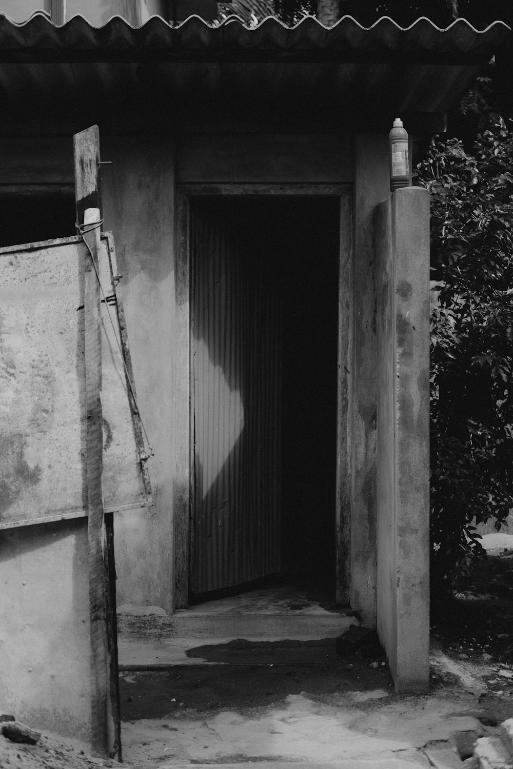 grayscale photo of a door