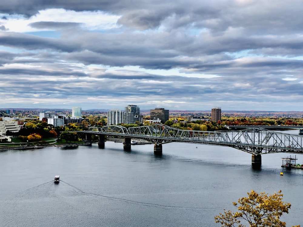 bridge over river near city buildings under cloudy sky during daytime