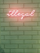 A neon sign spelling the word 'illegal' is affixed to a brick wall. The glowing letters are pink, contrasting with the muted tone of the wall, which has a slight greenish hue.