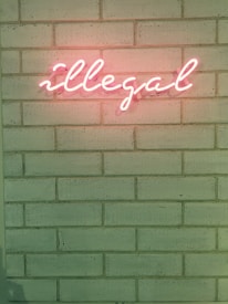 A neon sign spelling the word 'illegal' is affixed to a brick wall. The glowing letters are pink, contrasting with the muted tone of the wall, which has a slight greenish hue.