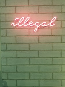 A neon sign spelling the word 'illegal' is affixed to a brick wall. The glowing letters are pink, contrasting with the muted tone of the wall, which has a slight greenish hue.