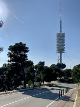 A tall, modern telecommunications tower rises into a clear blue sky. It's surrounded by green trees, and in the foreground, there's a winding road lined with posts. The overall setting appears to be a hilly area with a serene atmosphere.