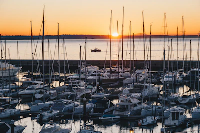Maréa’s fleet lined up at the harbor during sunset.