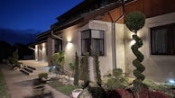 A modern, illuminated house exterior during twilight features a contemporary design with well-manicured plants, including a spiral-shaped topiary and small shrubs lining the pathway. The outdoor lighting casts a warm glow on the facade, accentuating the wooden and stone elements.