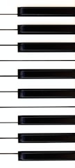 An artistic close-up of piano keys, featuring a pattern of black and white keys arranged in a linear fashion. The perspective highlights the contrast and symmetry of the piano's design.