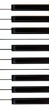 An artistic close-up of piano keys, featuring a pattern of black and white keys arranged in a linear fashion. The perspective highlights the contrast and symmetry of the piano's design.