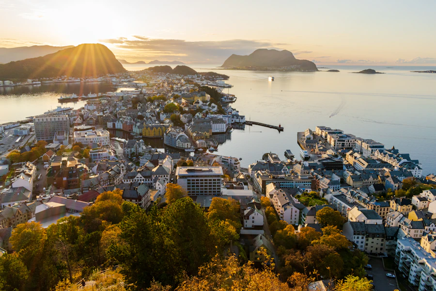 Panoramic view of Ålesund town near the water at daytime, seen from the Aksla viewpoint