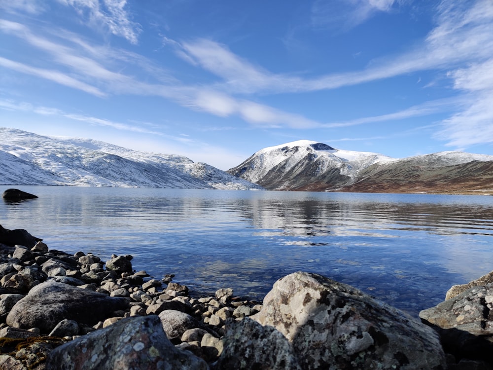 blue body of water near white snow covered mountain during daytime