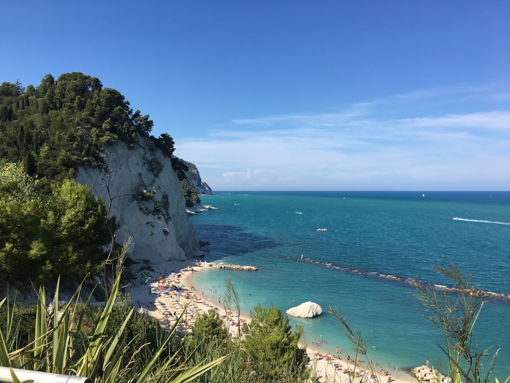 montanha rochosa verde e marrom ao lado do mar azul sob o céu azul durante o dia