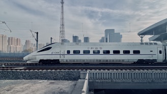 A sleek high-speed train is traveling on railway tracks with a backdrop of a modern urban skyline. The train is white with blue accents and features streamlined design, suggesting efficiency and speed. Overhead electric wires and a platform roof can be seen, indicating a railway station environment.