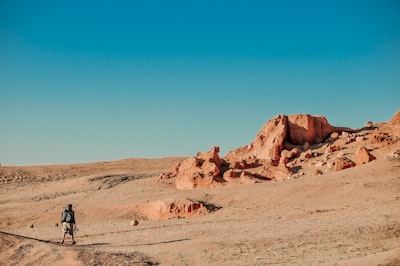 man in black jacket walking on brown sand during daytime mongolia teams background