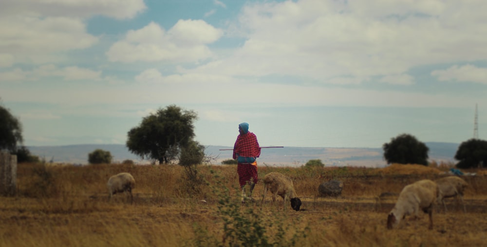 man in red jacket standing beside brown horse on brown grass field during daytime