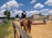 A person riding a horse is visible, wearing formal equestrian attire, including a helmet with a number. The scene is set in an outdoor equestrian arena, with obstacles for jumping. The area is surrounded by buildings and bleachers, and the sky is clear with scattered clouds.