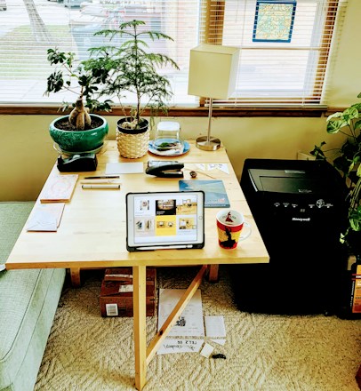 A wooden table is set in a cozy room with sunlight streaming through the blinds. On the table, there are two potted plants, a lamp, a tablet displaying various images, office supplies, and a coffee mug. A paper shredder is situated beside the table. The area has a calm and organized appearance.