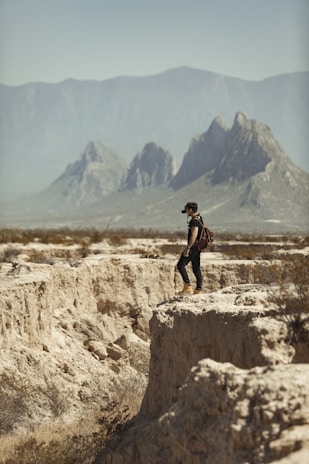 A traveler standing on a cliff overlooking a vast desert landscape at dawn.