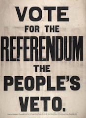 A text poster with large, bold lettering that reads 'VOTE FOR THE REFERENDUM THE PEOPLE'S VETO'. The background is a plain, light color, and the text is prominently in black capital letters. The poster suggests a call to action for voting in a referendum.