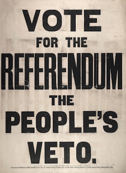 A text poster with large, bold lettering that reads 'VOTE FOR THE REFERENDUM THE PEOPLE'S VETO'. The background is a plain, light color, and the text is prominently in black capital letters. The poster suggests a call to action for voting in a referendum.