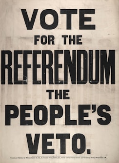 A text poster with large, bold lettering that reads 'VOTE FOR THE REFERENDUM THE PEOPLE'S VETO'. The background is a plain, light color, and the text is prominently in black capital letters. The poster suggests a call to action for voting in a referendum.