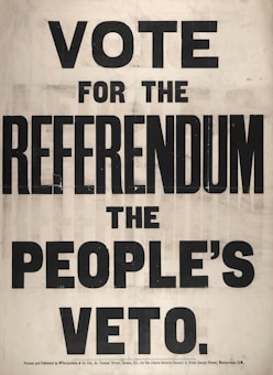 A text poster with large, bold lettering that reads 'VOTE FOR THE REFERENDUM THE PEOPLE'S VETO'. The background is a plain, light color, and the text is prominently in black capital letters. The poster suggests a call to action for voting in a referendum.