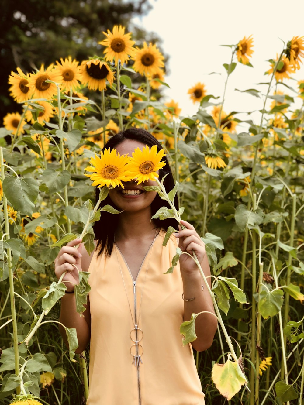Frau in weißem ärmellosem Kleid tagsüber auf Sonnenblumenfeld steht