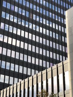 Modern office building with glass facade reflecting city skyline.