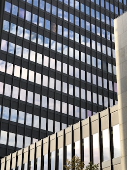 Modern office building with glass facade reflecting city skyline.