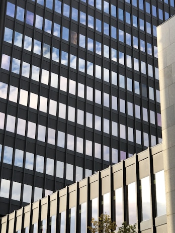 A modern office building exterior with sleek glass windows reflecting the sky.