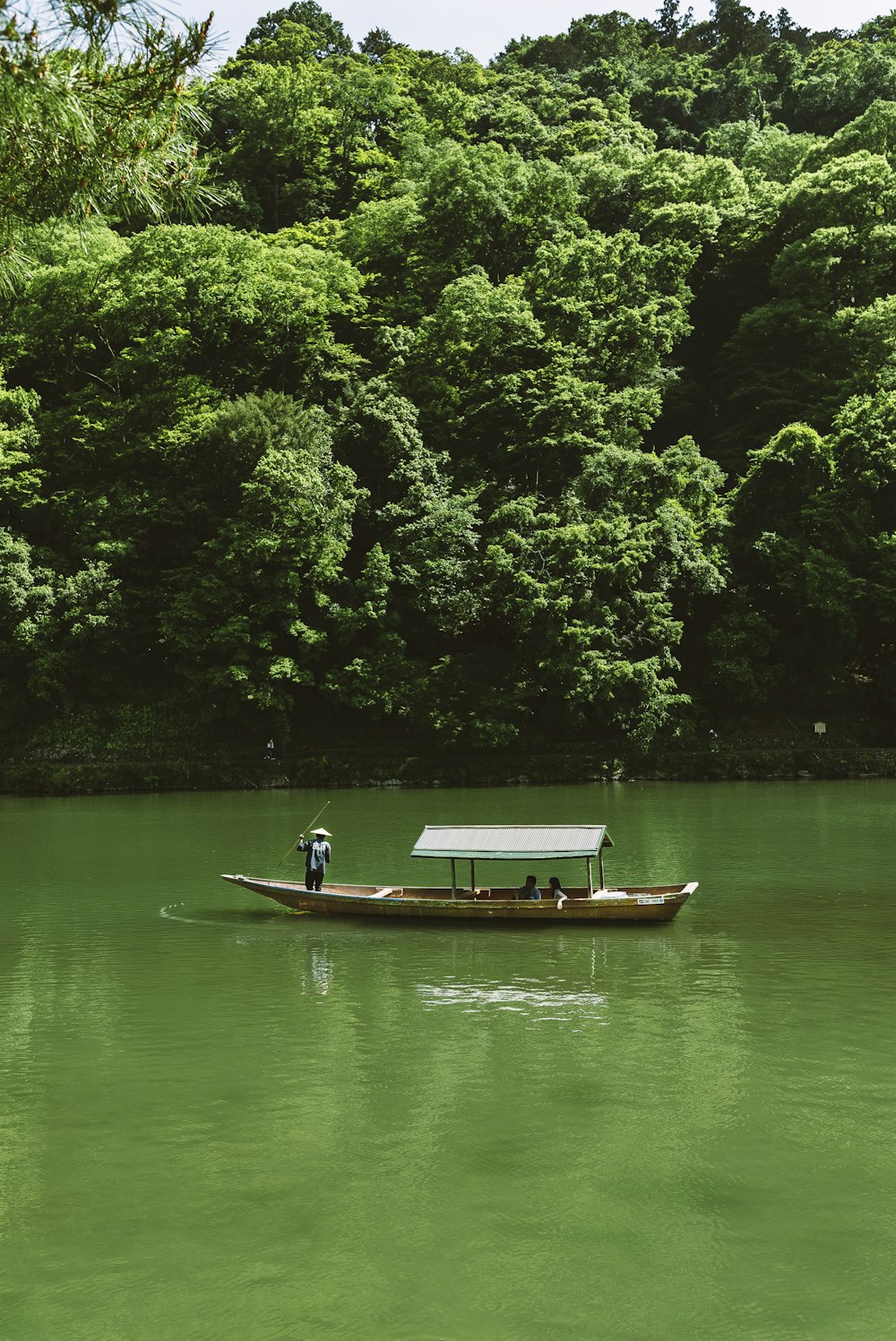 昼間の湖に浮かぶ茶色のボートに乗った男