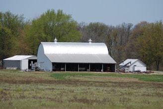 A large, metallic barn with a curved roof is situated within a rural setting, surrounded by lush green trees. Adjacent to it are smaller utility buildings and scattered farming equipment. The foreground features a field with patches of grass and earthy areas, indicating agricultural land.