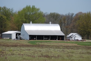 A large, metallic barn with a curved roof is situated within a rural setting, surrounded by lush green trees. Adjacent to it are smaller utility buildings and scattered farming equipment. The foreground features a field with patches of grass and earthy areas, indicating agricultural land.
