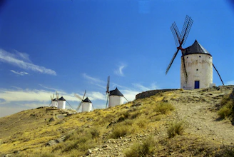 windmill on green grass field under blue sky during daytime