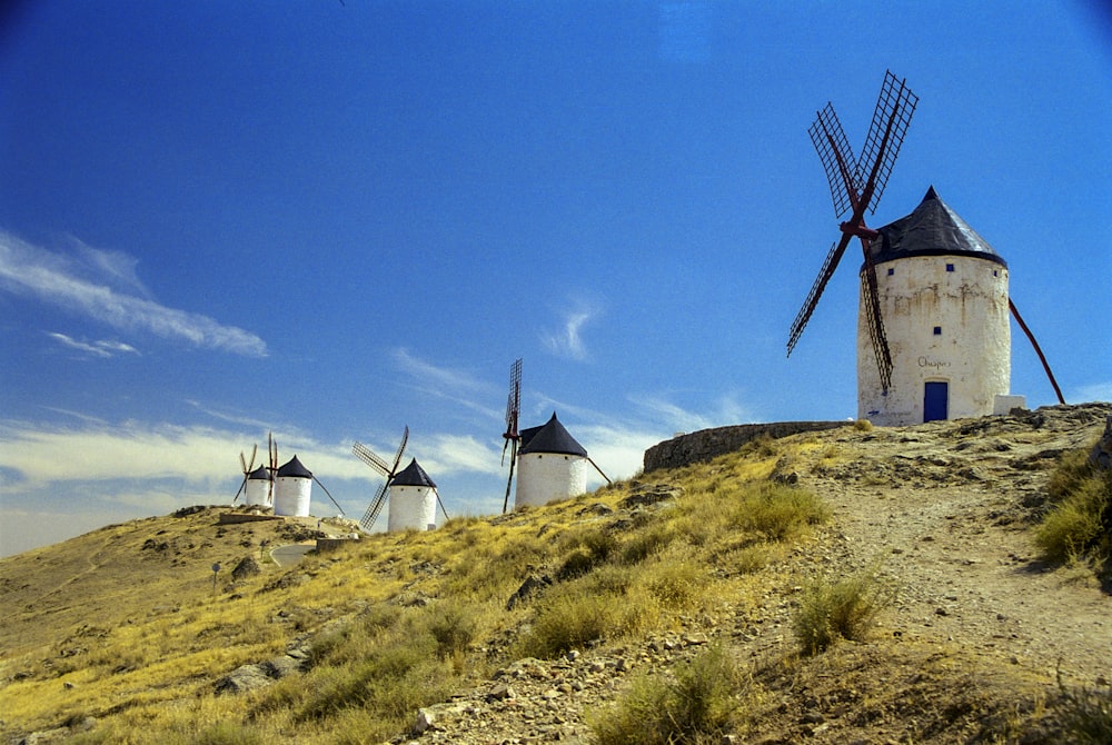 Windmühle auf grünem Rasenplatz unter blauem Himmel tagsüber